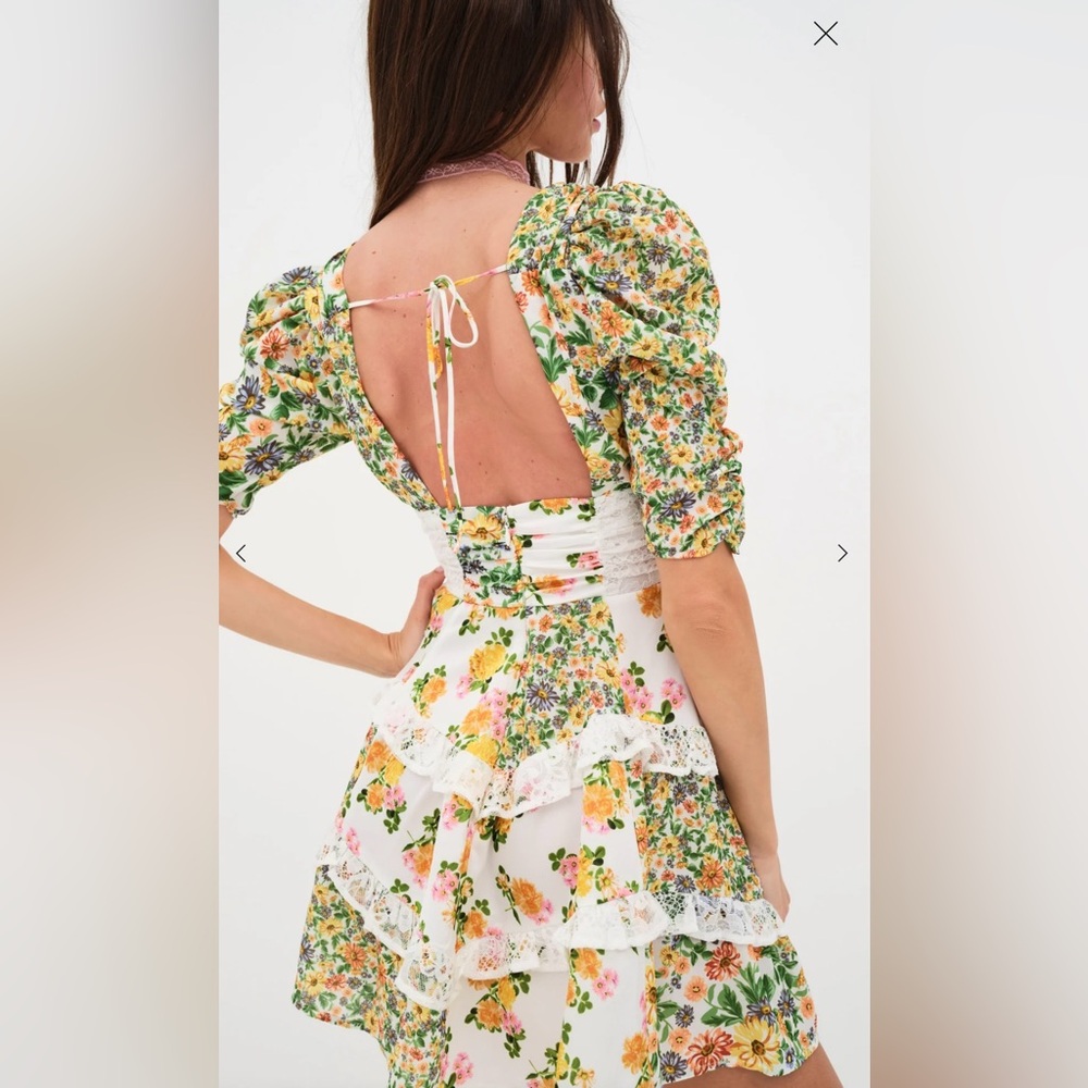 For Love & Lemons Floral Lace-Trim Mini Dress in White, Yellow, Pink, Green - Picture 2 of 6